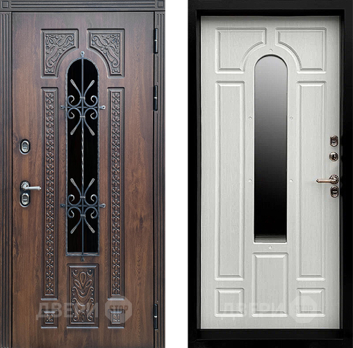 Входная металлическая Дверь Престиж TERMO с терморазрывом Лацио Дуб с окном и ковкой Лиственница белая