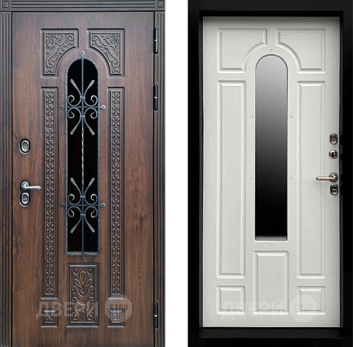 Входная металлическая Дверь Престиж TERMO с терморазрывом Лацио Дуб с окном и ковкой Белый матовый