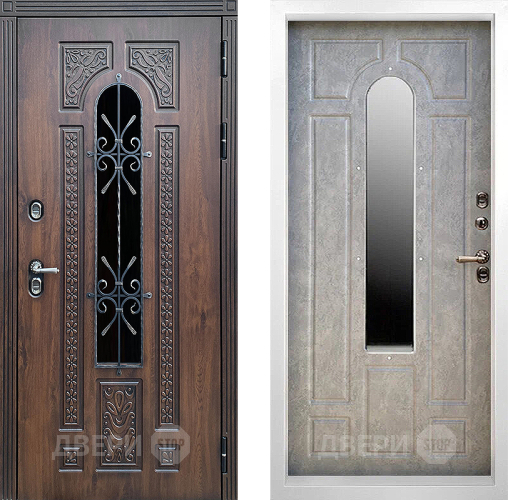 Входная металлическая Дверь Престиж TERMO с терморазрывом Лацио Дуб White с окном и ковкой Бетон светлый
