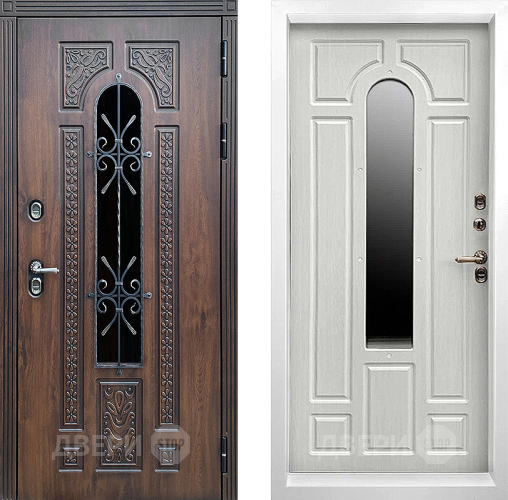 Входная металлическая Дверь Престиж TERMO с терморазрывом Лацио Дуб White с окном и ковкой Лиственница белая