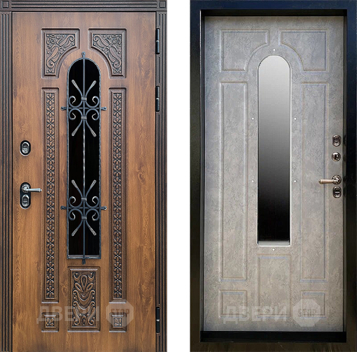 Входная металлическая Дверь Престиж TERMO с терморазрывом Лацио Орех с окном и ковкой Бетон светлый