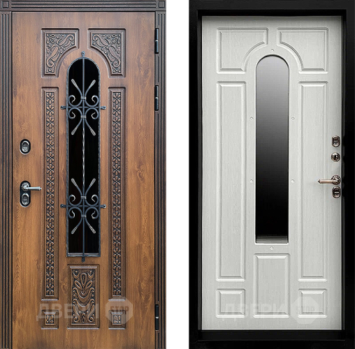 Входная металлическая Дверь Престиж TERMO с терморазрывом Лацио Орех с окном и ковкой Лиственница белая