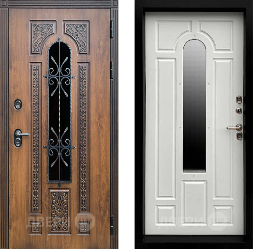 Входная металлическая Дверь Престиж TERMO с терморазрывом Лацио Орех с окном и ковкой Белый матовый