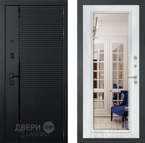 Входная металлическая Дверь Лабиринт (LABIRINT) Piano Зеркало Фацет с багетом Белый софт