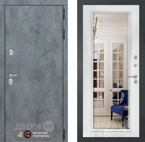 Входная металлическая Дверь Лабиринт (LABIRINT) Бетон Зеркало Фацет с багетом Белый софт
