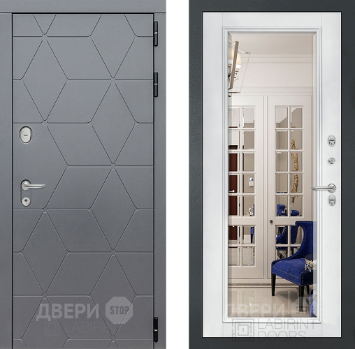 Входная металлическая Дверь Лабиринт (LABIRINT) Cosmo Зеркало Фацет с багетом Белый софт