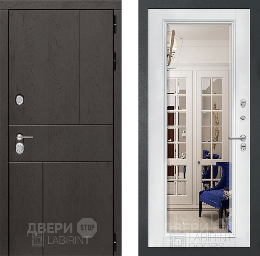 Входная металлическая Дверь Лабиринт (LABIRINT) Urban Зеркало Фацет с багетом Белый софт
