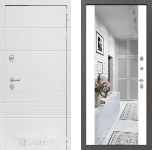 Входная металлическая Дверь Лабиринт (LABIRINT) Трендо Зеркало Максимум Белый софт