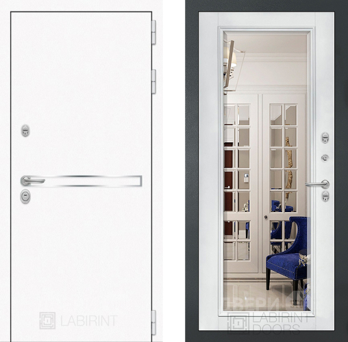 Входная металлическая Дверь Лабиринт (LABIRINT) Лайн White Зеркало Фацет с багетом Белый софт