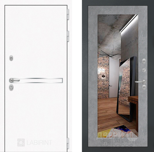 Входная металлическая Дверь Лабиринт (LABIRINT) Лайн White Зеркало 18 Бетон светлый