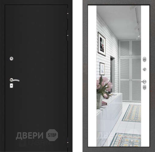 Входная металлическая Дверь Лабиринт (LABIRINT) Classic шагрень черная Зеркало Максимум Белый софт
