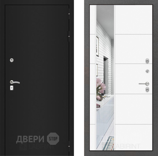 Входная металлическая Дверь Лабиринт (LABIRINT) Classic шагрень черная Зеркало 19 Белый софт