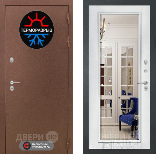 Входная металлическая Дверь Лабиринт (LABIRINT) Термо Магнит Зеркало Фацет с багетом Белый софт