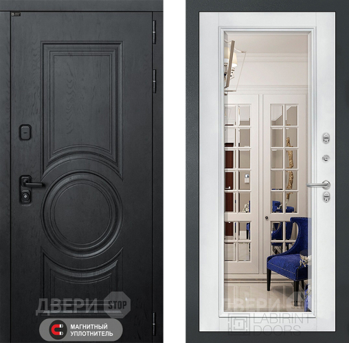 Входная металлическая Дверь Лабиринт (LABIRINT) Гранд Зеркало Фацет с багетом Белый софт