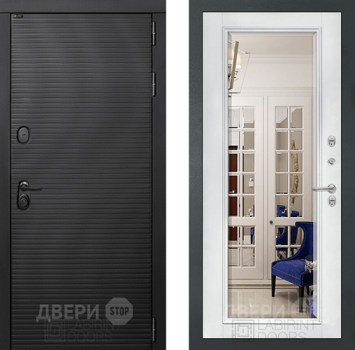 Входная металлическая Дверь Лабиринт (LABIRINT) Вулкано Зеркало Фацет с багетом Белый софт