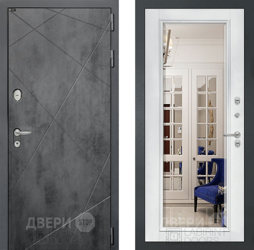 Входная металлическая Дверь Лабиринт (LABIRINT) Лофт Зеркало Фацет с багетом Белый софт