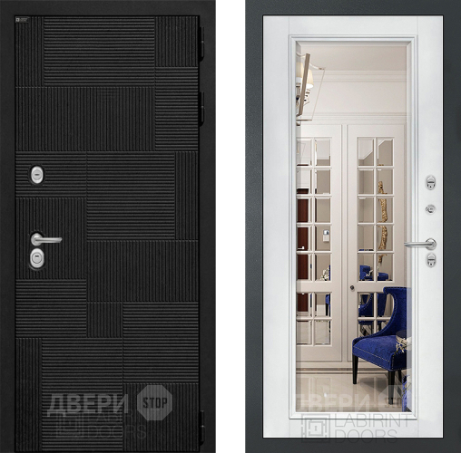 Входная металлическая Дверь Лабиринт (LABIRINT) Pazl Зеркало Фацет с багетом Белый софт