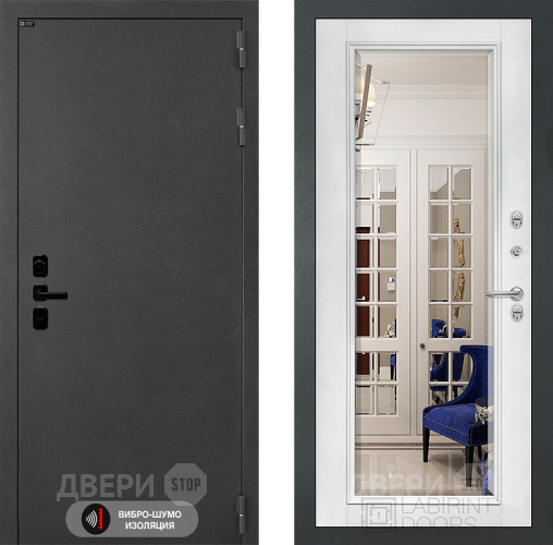 Входная металлическая Дверь Лабиринт (LABIRINT) Acustic Зеркало Фацет с багетом Белый софт