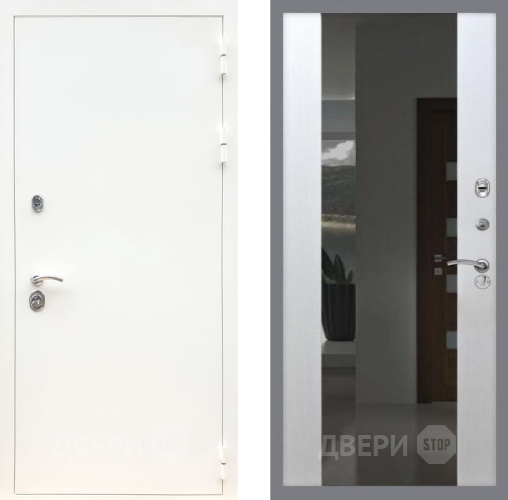 Входная металлическая Дверь Рекс (REX) 5 Белая Шагрень СБ-16 Зеркало Белый ясень